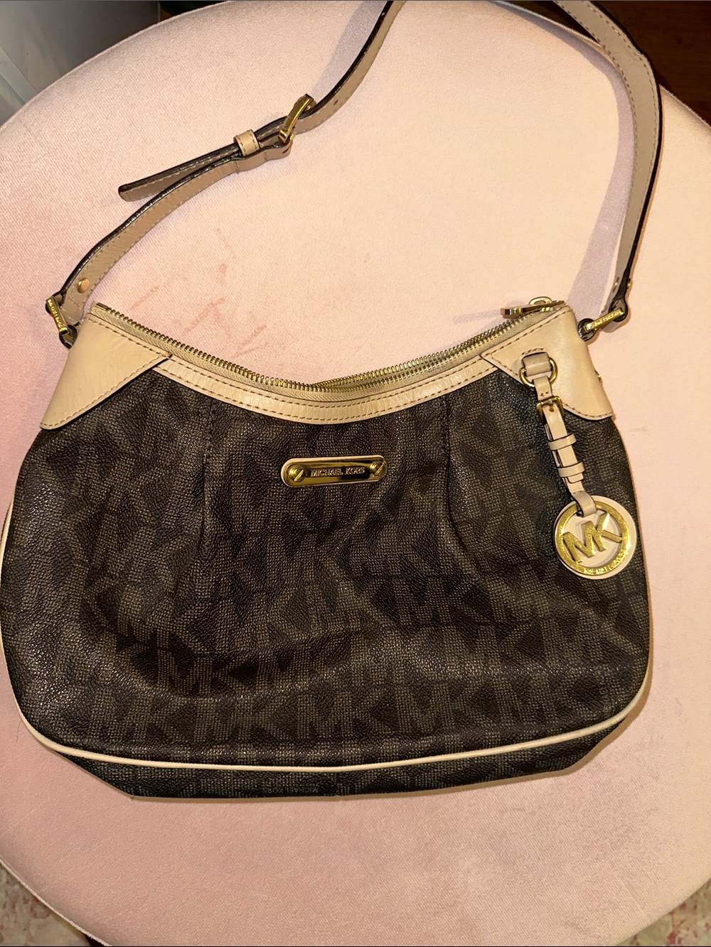 Michael Kors Dark Brown Logo Shoulder Bag with Cream Trim and Gold Hardware